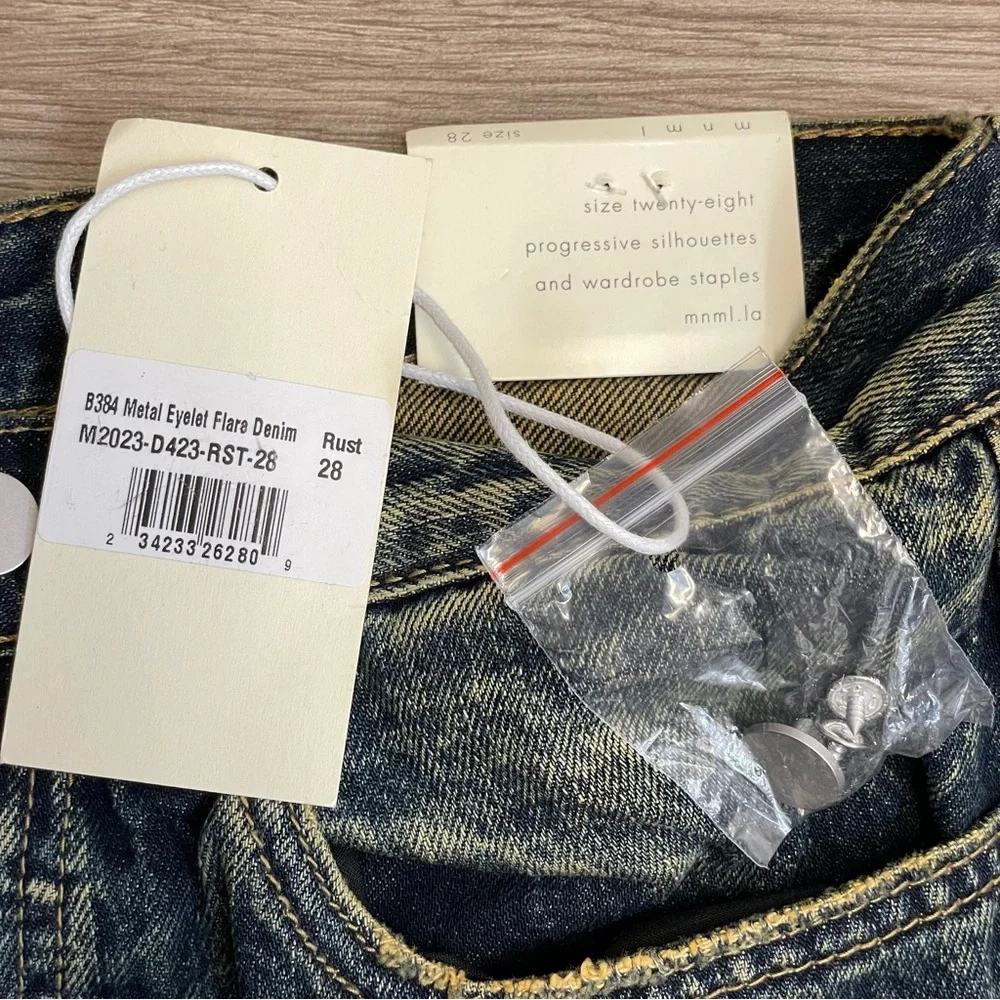 mnml Metal Eyelet Grommet Yellow Washed Distressed Denim Flare Jeans